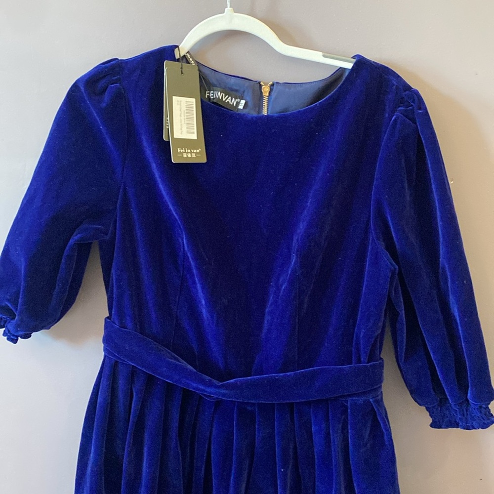 Fei in van Casual Vintage Round Neck Velvet Tunic Swing A-Line Midi Party Dress - Picture 7 of 12